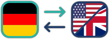 German flag and British/US American flag connected by arrows represent a translation